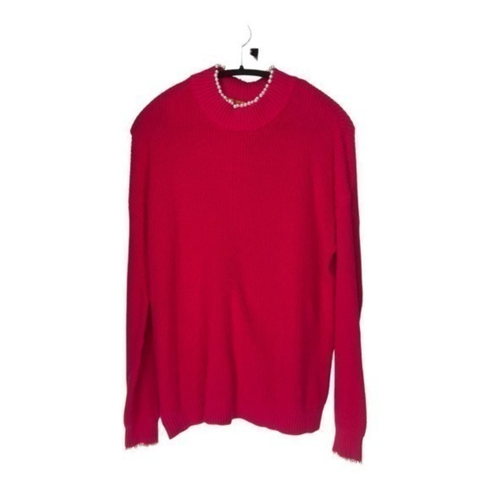 Belldini Rib Pink Red Pearl Trim Embellished Mock Neck Sweater Sz‎ L NWT